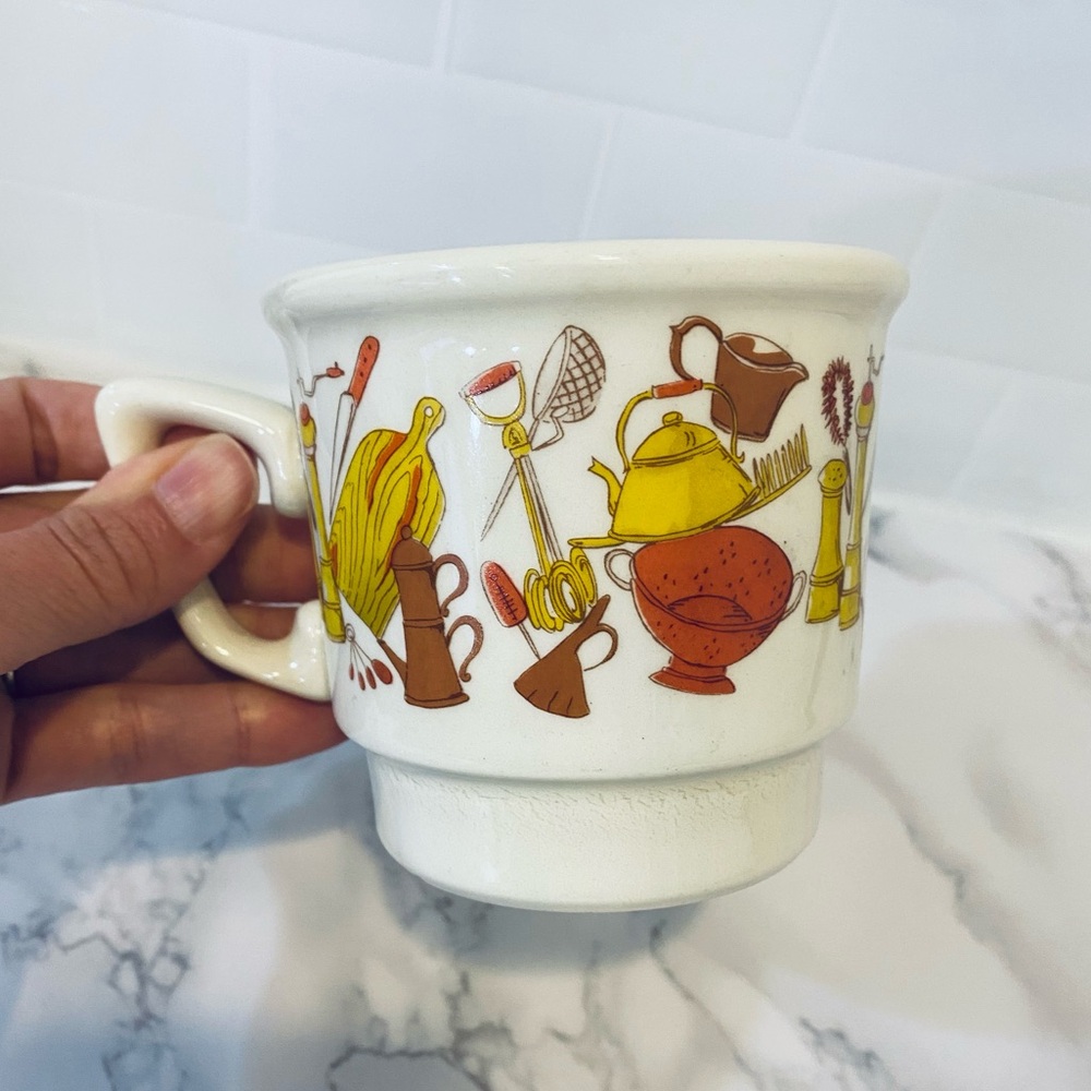Vintage 1970s Retro Kitchen Utensil Print Coffee Mug